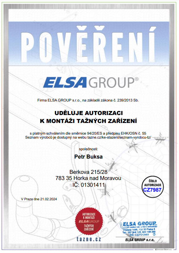 certifikát montáž tažných zařízení